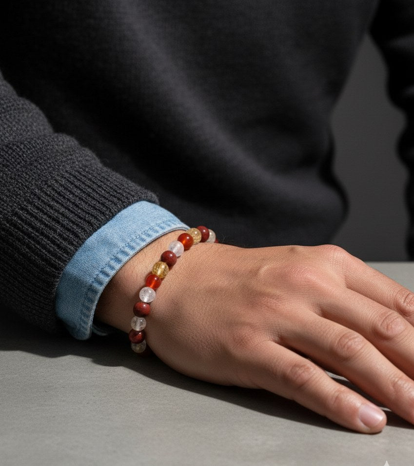 bratara zodia berbec cu margele de  Citrin, Carneol, Cuarț de Stanca, Jasp Roșu