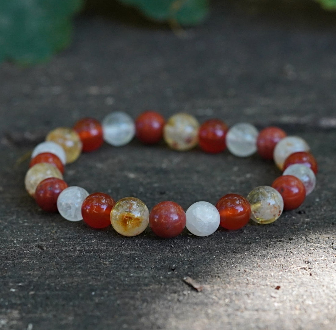 bratara zodia berbec cu margele de  Citrin, Carneol, Cuarț de Stanca, Jasp Roșu