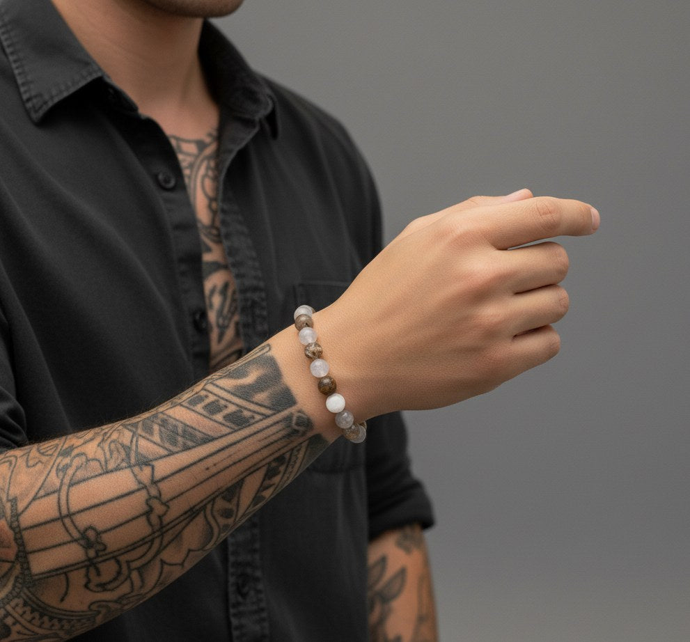 bratara zodia gemeni cu margele de  Citrin, Howlit Alb, Ochi de Tigru, Cuarț de Stanca