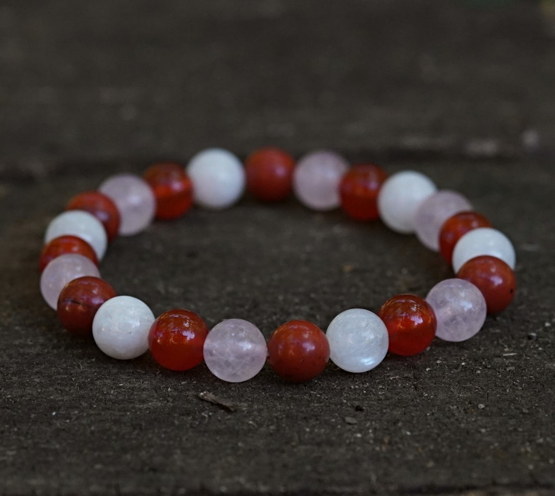 bratara zodia Rac cu margele de Carneol, Jasp Rosu, Piatra Lunii, Cuart Roz