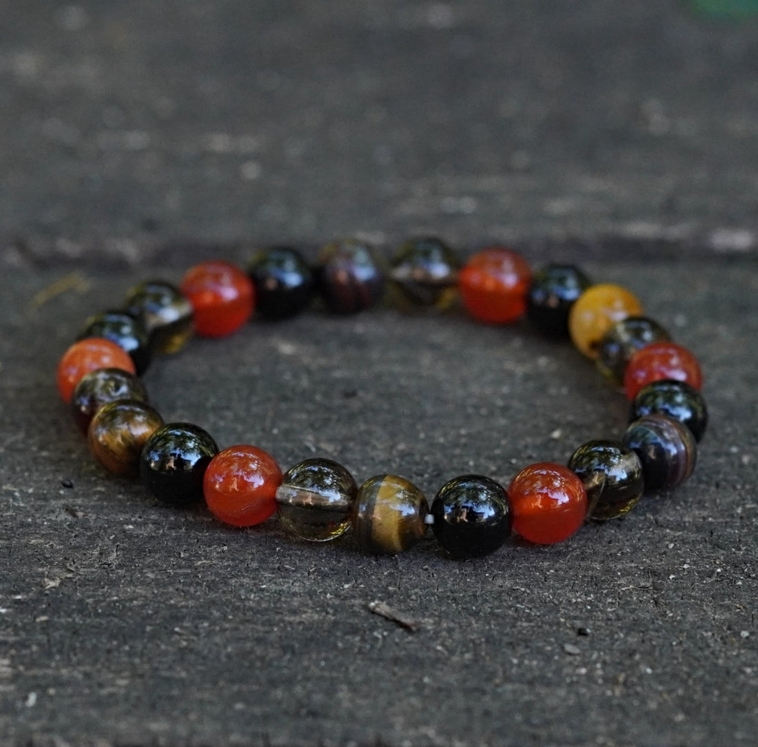 bratara zodia capricorn cu margele de 8 m  de arneol, Cuarț Fumuriu, Turmalină Neagră, Ochi de Tigru