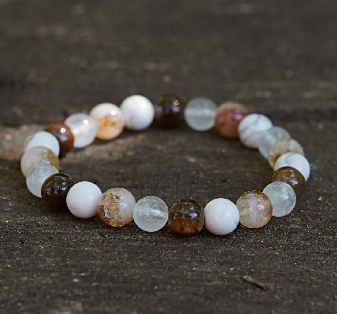 bratara zodia gemeni cu margele de  Citrin, Howlit Alb, Ochi de Tigru, Cuarț de Stanca