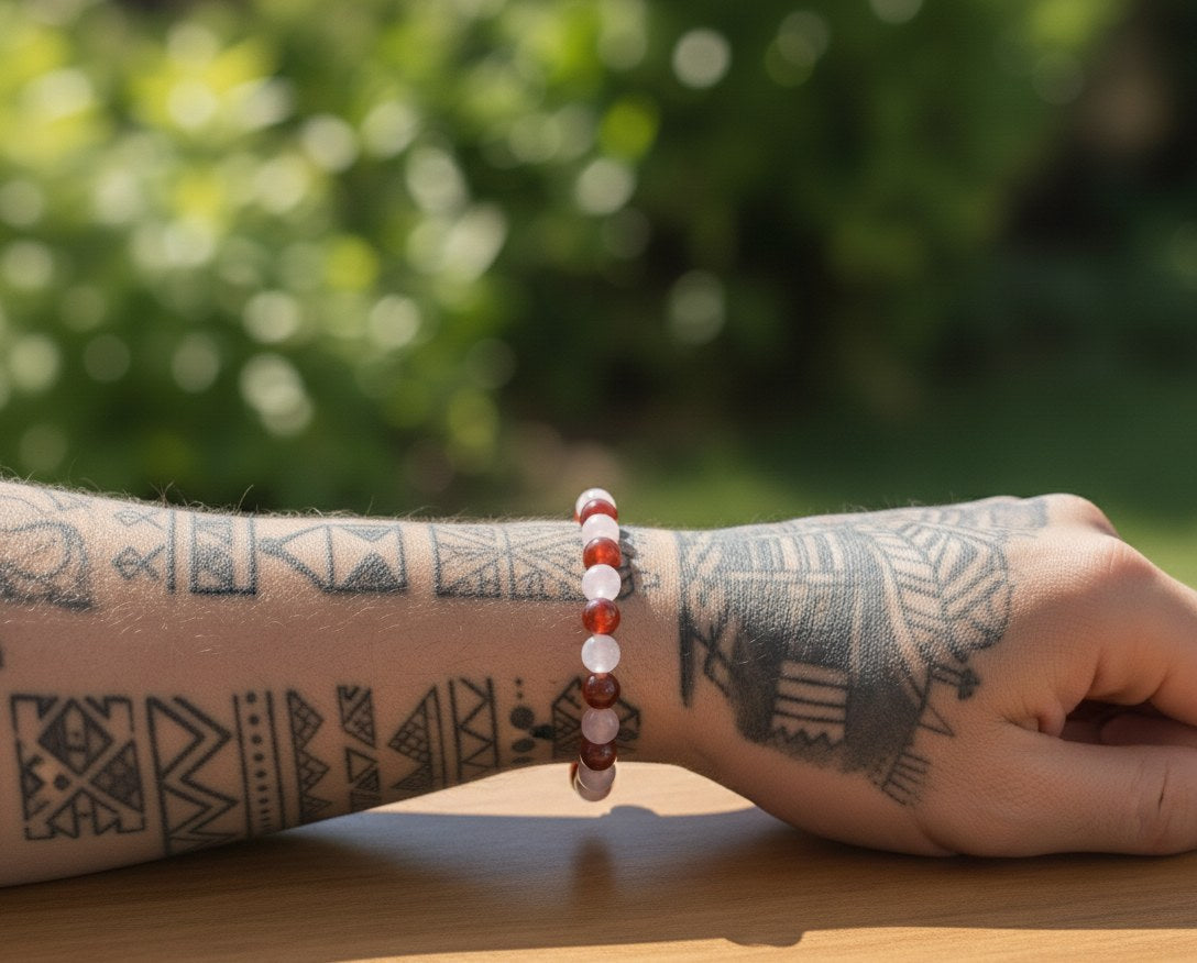 bratara zodia Rac cu margele de Carneol, Jasp Rosu, Piatra Lunii, Cuart Roz