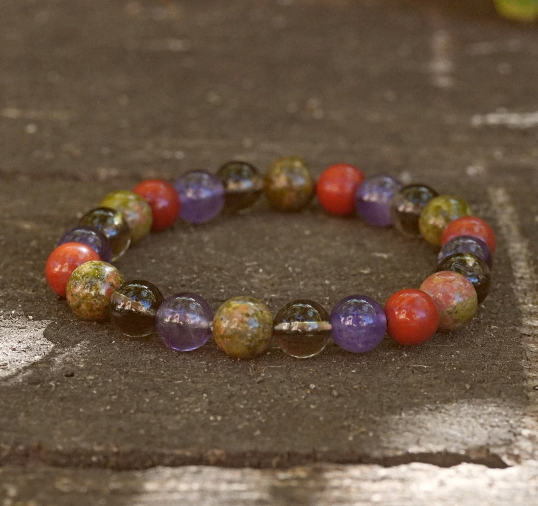 bratara zodia scorpion cu margele de 8 mm de Ametist, Jasp Roșu, Cuarț Fumuriu, Unakit