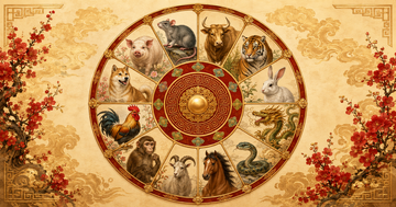 Cele 12 animale ale zodiacului chinezesc dispuse într-o roată tradițională