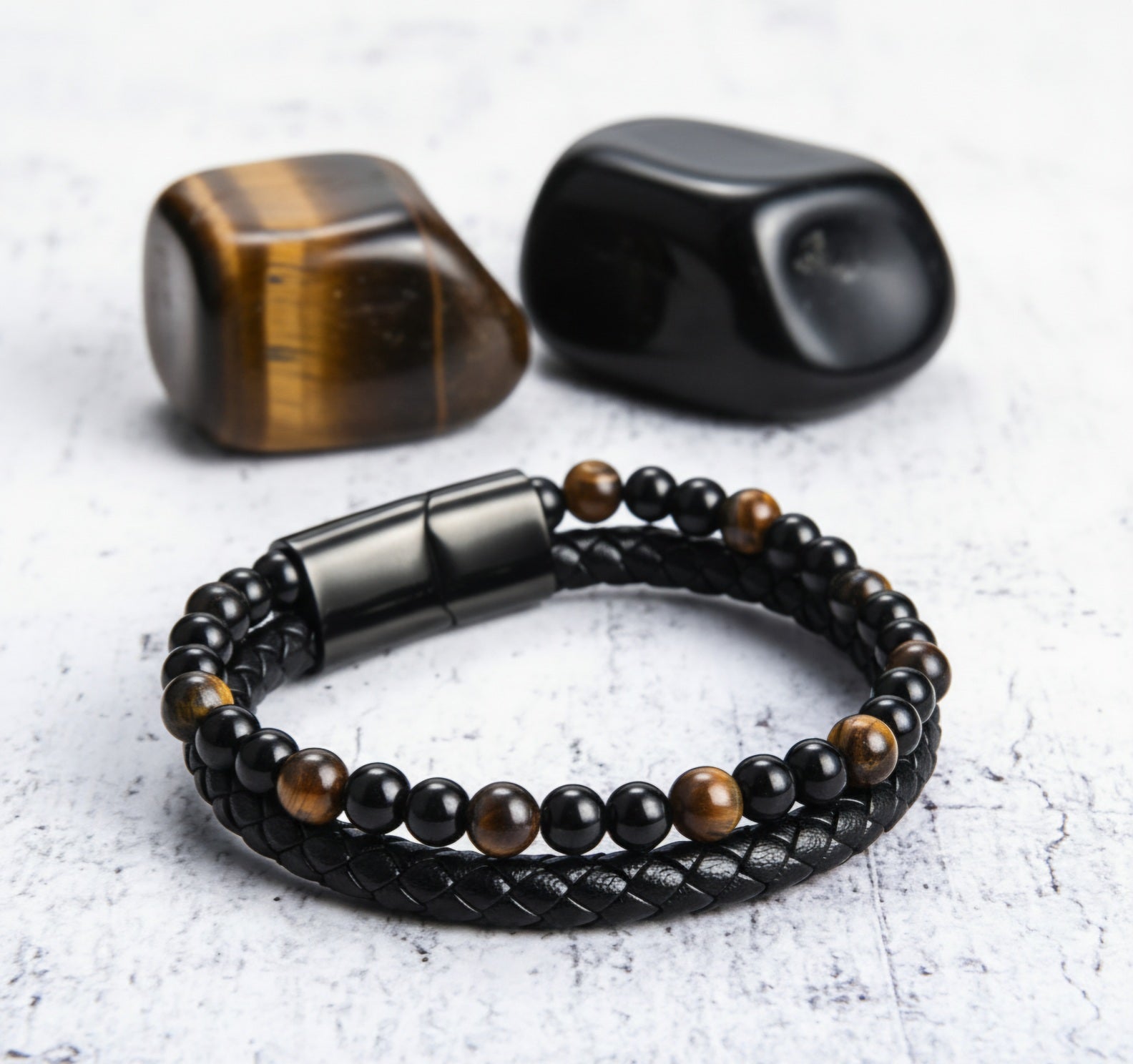 Bratara piele si margele ochi de tigru si onix negru pt. barbati