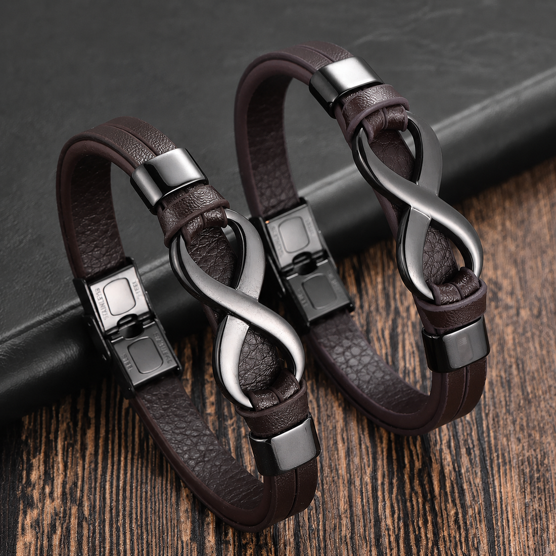 Brățară Piele Naturală, Maro, Bărbați, 21 cm, Simbol Infinit Negru