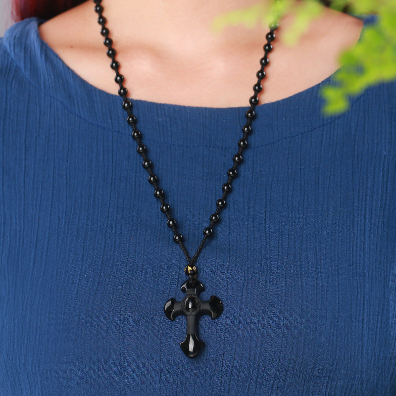 Colier din Piatra Naturala Obsidian Negru, Unisex, Pandantiv Cruce Scu