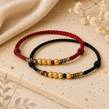 Set 2 Brățări Tibetane "4 Piloni ai Armoniei", Șnur Negru și Vișiniu Împletit Manual cu Mărgele Aurite, Talisman Zen Ajustabil