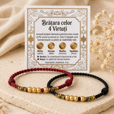 Set 2 Brățări Tibetane „4 Piloni ai Armoniei” — alături de cartonașul de prezentare.