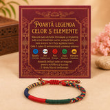 Brățară Tibetană „Cele 5 Elemente”, Șnur Multicolor — alături de cartonașul de prezentare.