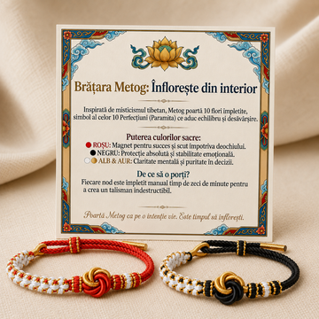Brățară Tibetană "Metog" – Nodul Sacru al Înfloririi, Șnur Împletit Manual, Talisman pentru Renaștere și Noroc, Mărime Reglabilă, Roșu sau Negru