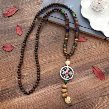 Colier Tibetan Unisex din Lemn cu Pandantiv "Cruce Dorje" (Vajra) si Semințe Bodhi