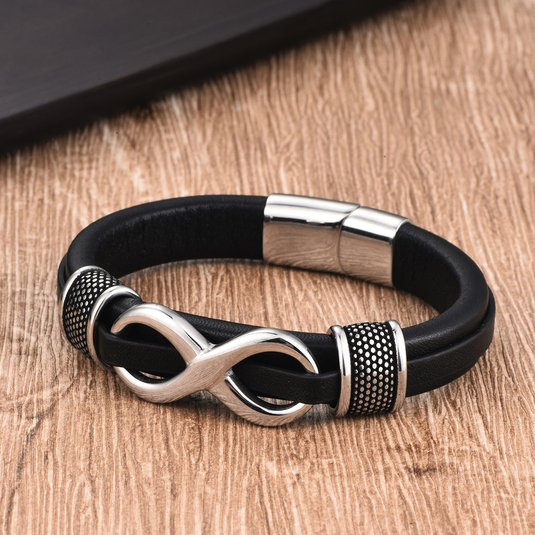 bratara din piele barbati - simbol infinit argintiu