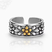 Inel Feng Shui Ajustabil cu Motiv Floral, Placat cu Argint