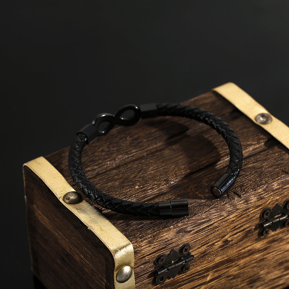 Brățară Piele Naturală, Neagra, Bărbați, Simbol Infinit Negru - Infinite Black