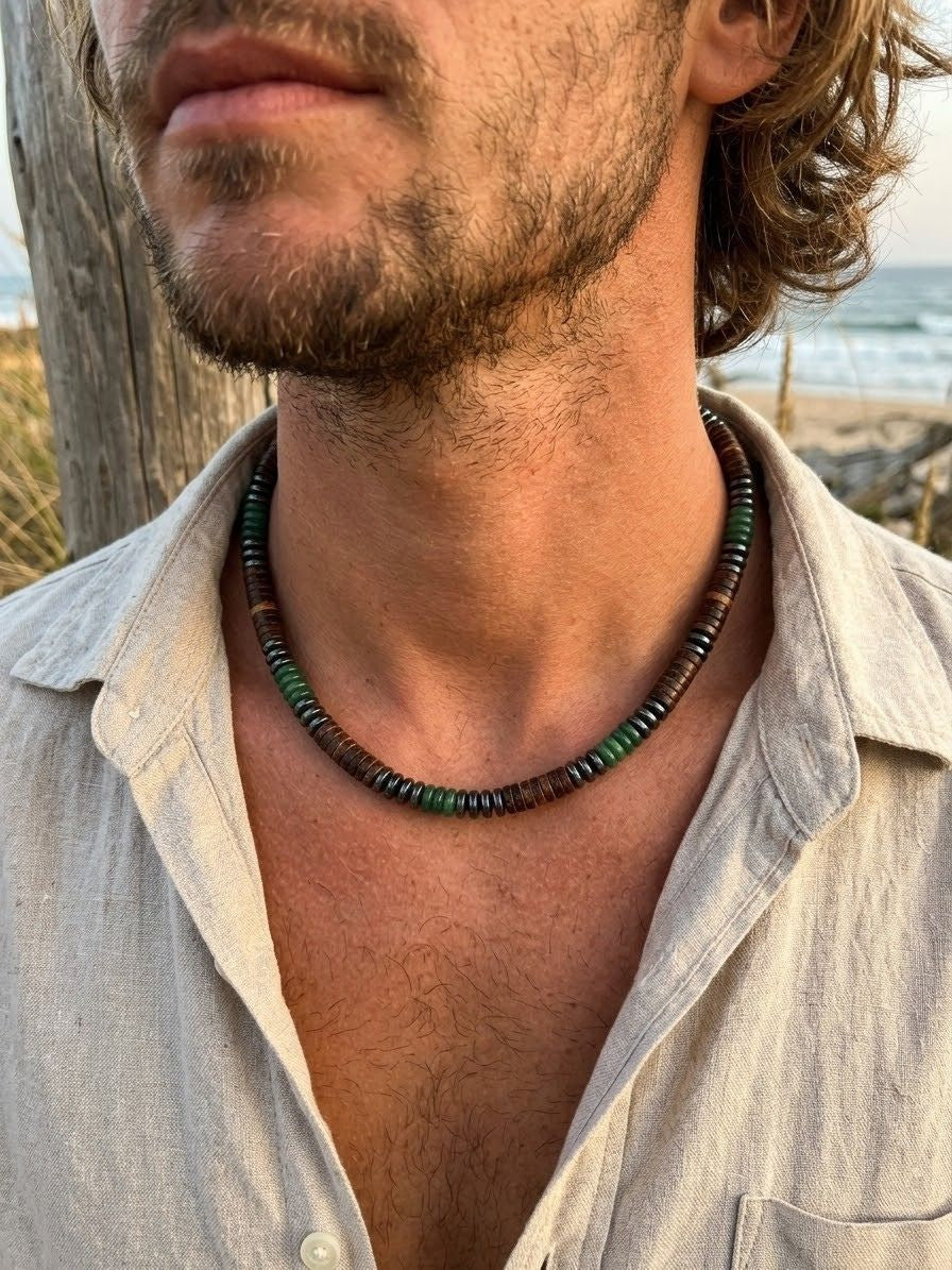Colier Bărbătesc "Alpha Spirit" din Mărgele Naturale, Lemn de Cocos, Jad Verde și Hematit, Închizătoare Oțel Inoxidabil, Lungime 48 cm, Stil Tribal/Surfer