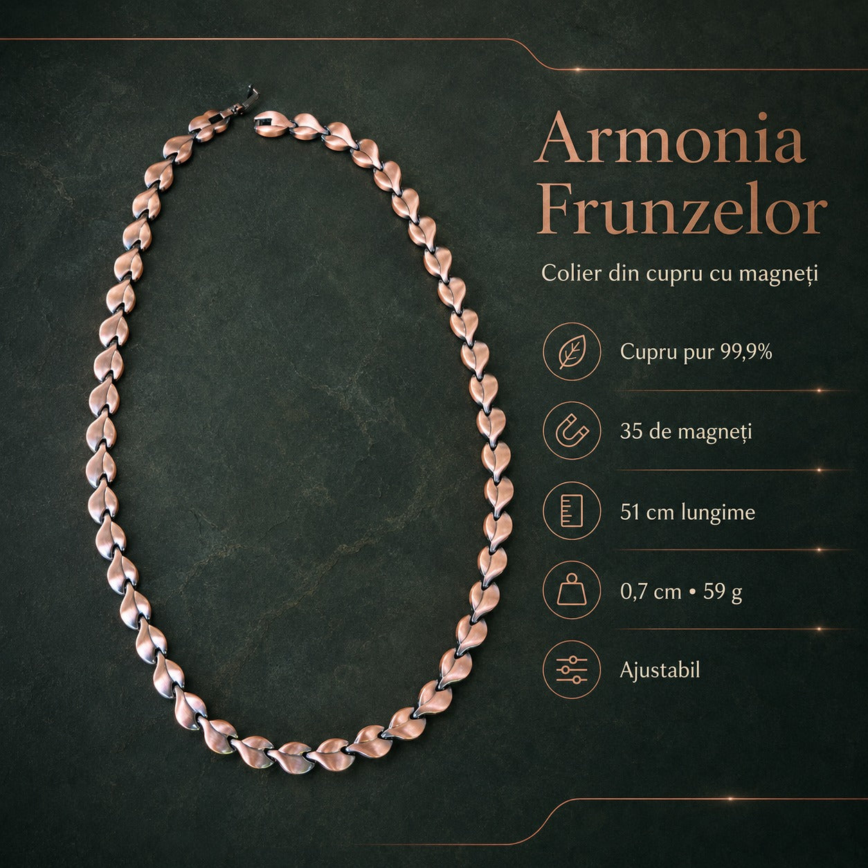 Colier din cupru Armonia Frunzelor – 35 de magneți, 51 cm, ajustabil