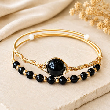 Brățară Dama Bangle „Aura Protectoare”, Onix și Fir Placat Aur 14K, Design Dublu Reglabil, Talisman Protecție