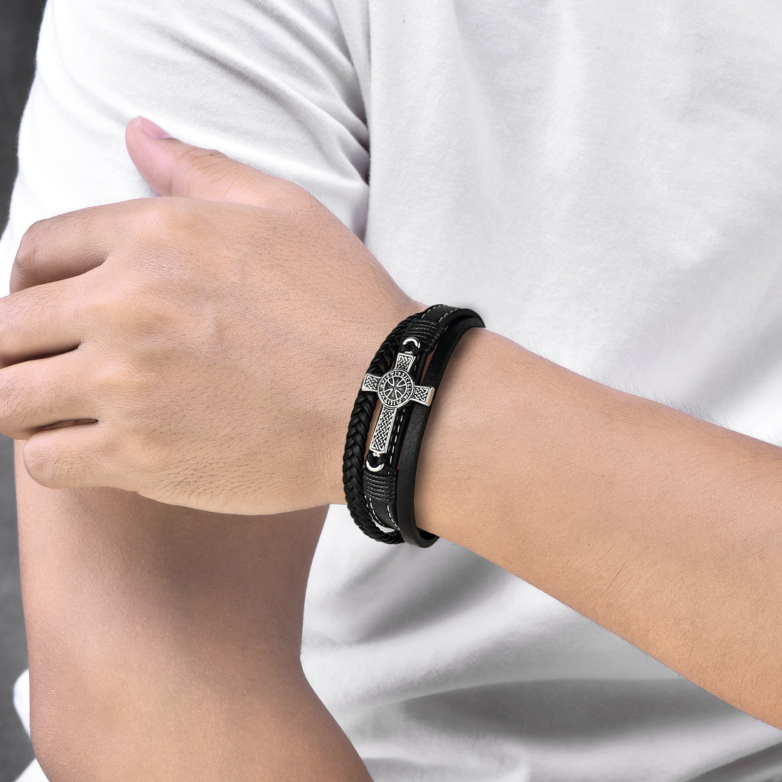 Brățară Piele Naturală, Neagra, Bărbați, Simbol Crucea Templiera
