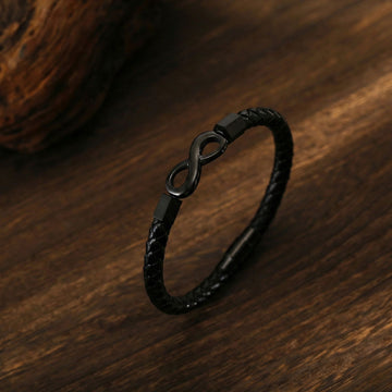 Brățară Piele Naturală, Neagra, Bărbați, Simbol Infinit Negru - Infinite Black