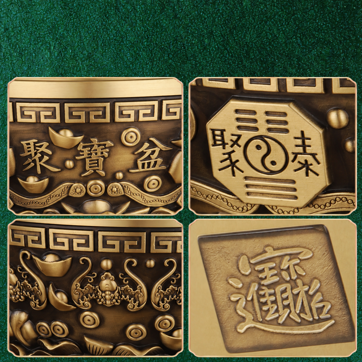 Detalii decorative ale Bolului Bagua: inscripții, Yin–Yang, trigrame, lingouri, monede și lilieci