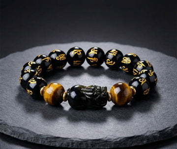 Bratara Feng Shui cu Pi Xiu din Obsidian Auriu si Mantre Norocoase