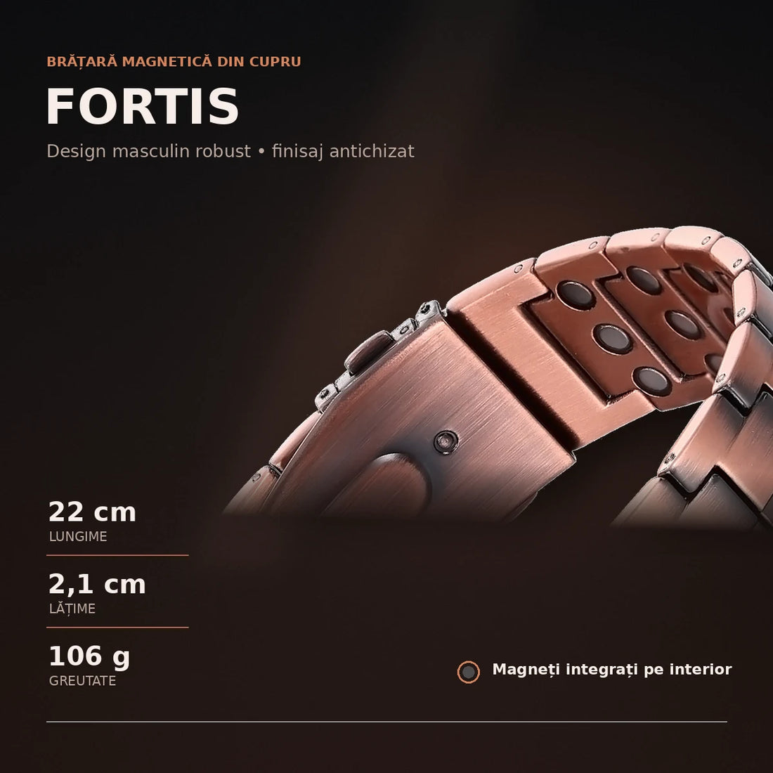 Brățară magnetică din cupru Fortis pentru bărbați – 22 cm, 2,1 cm, 106 g, magneți integrați