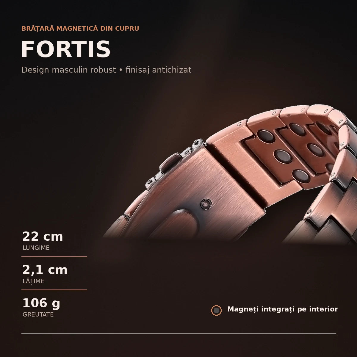 Brățară magnetică din cupru Fortis pentru bărbați – 22 cm, 2,1 cm, 106 g, magneți integrați
