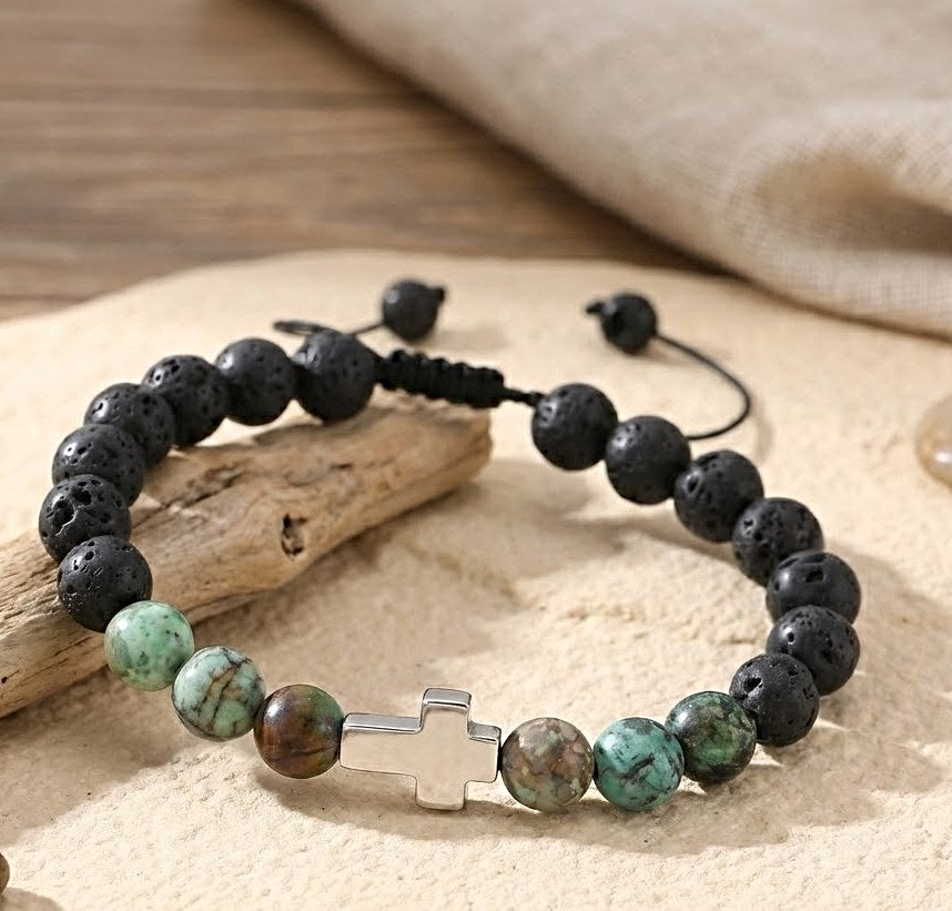 Brățară Reglabilă Unisex cu Cruce  – Variante din Oțel Inoxidabil sau Lavă Turcoaz African