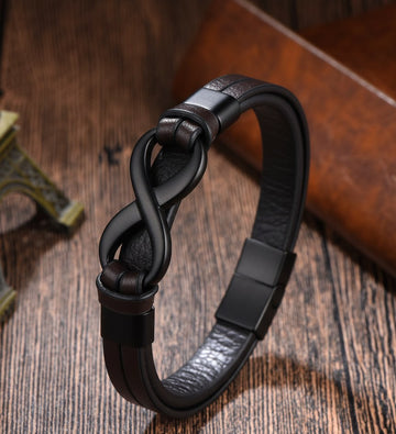 Brățară Piele Naturală, Maro, Bărbați, 21 cm, Simbol Infinit Negru