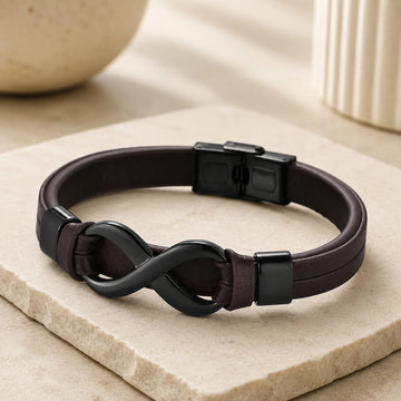 Brățară Piele Naturală, Maro, Bărbați, 21 cm, Simbol Infinit Negru