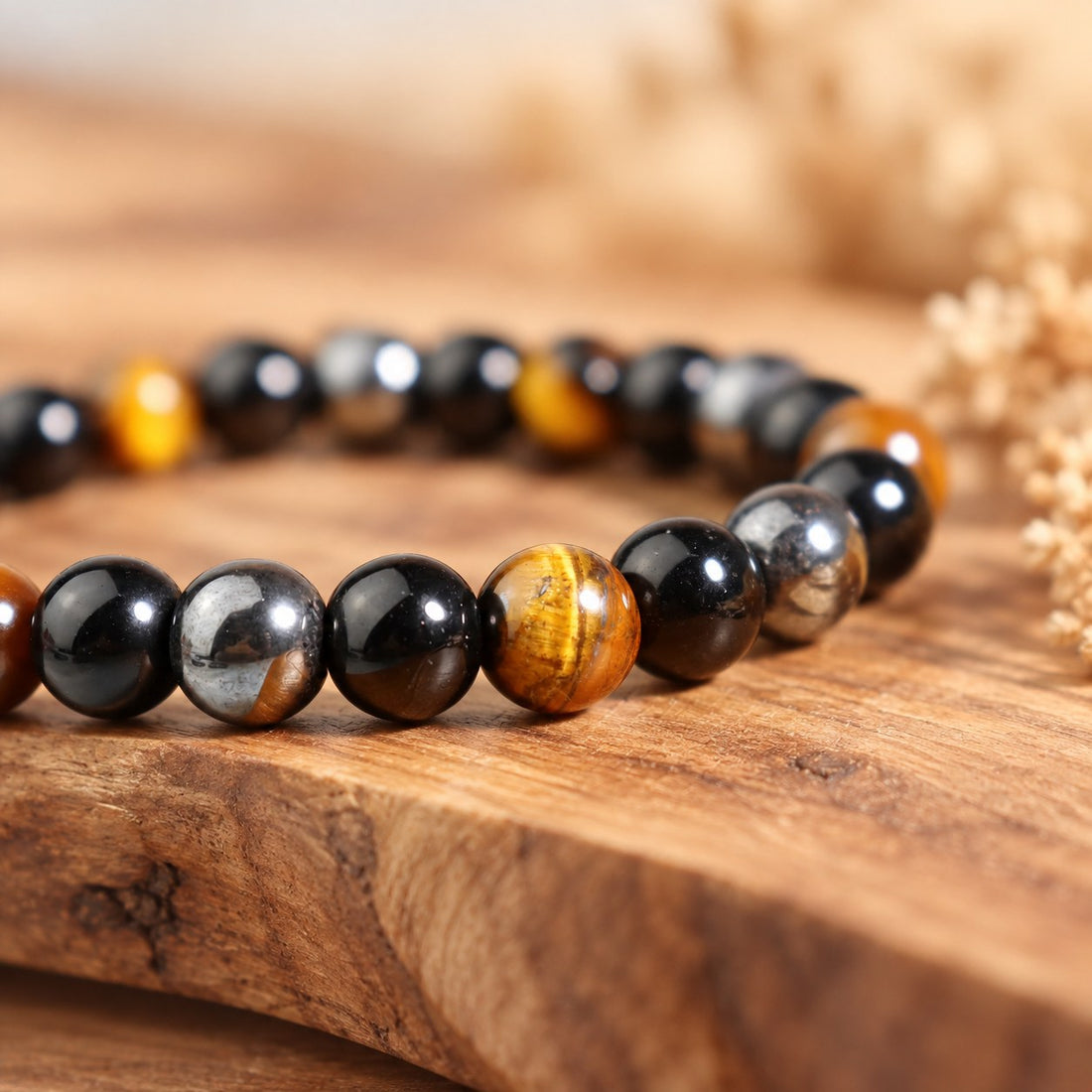 Brățară „Tripla Protecție” 8 mm – Scut Energetic din Pietre Naturale (Obsidian, Hematit, Ochi de Tigru)