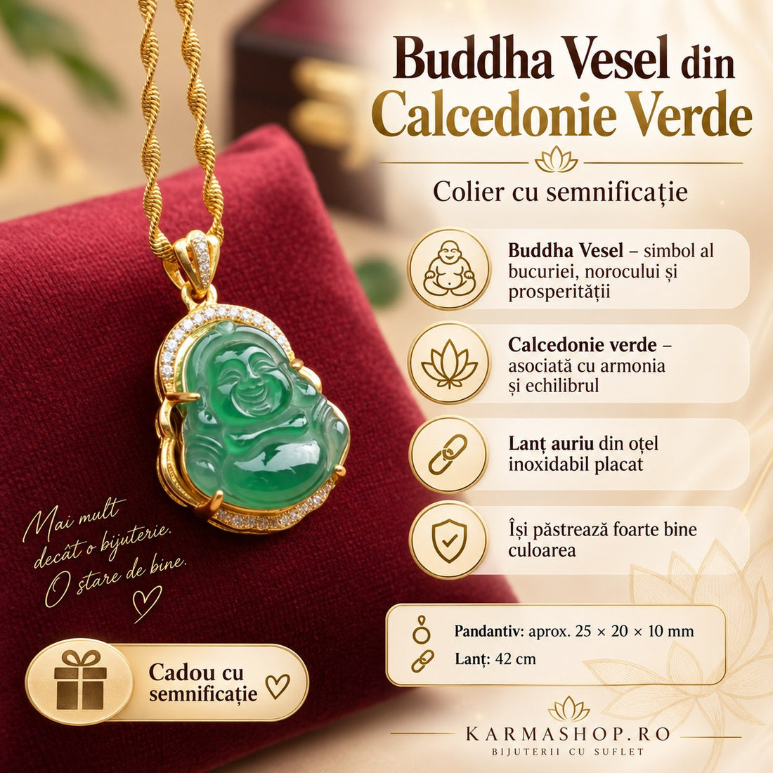 Lănțișor cu Pandantiv Buddha Vesel din Calcedonie Verde – Noroc & Prosperitate