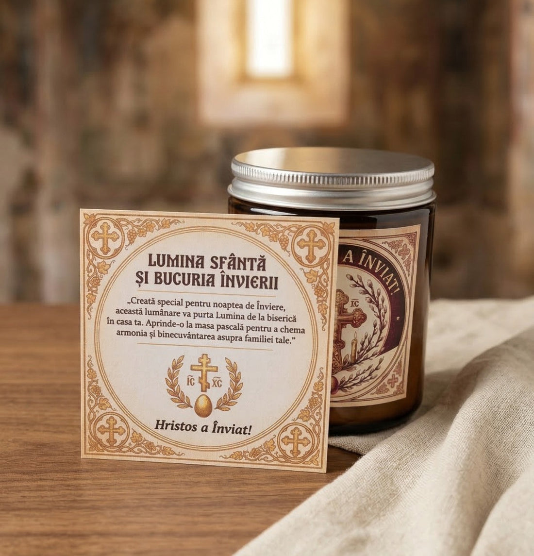 Candelă de Înviere „Pacea Căminului” – Mireasmă de Lavandă și Geranium, Plămădită din Ceară Pură pentru Lumina Sfântă