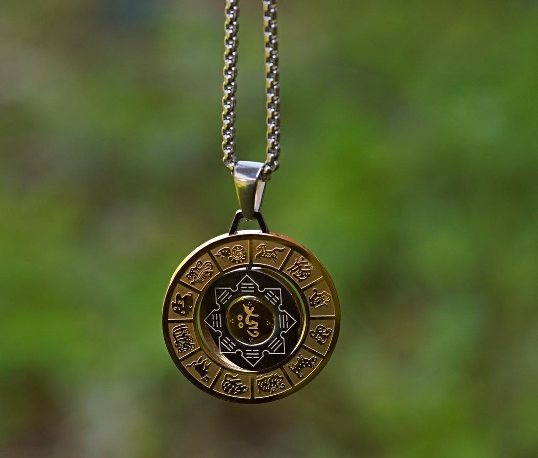 Pandantiv Amuletă Tibetană cu Cele 8 Simboluri ale Prosperitatii, Roata Zodiacului și Silaba HRIH