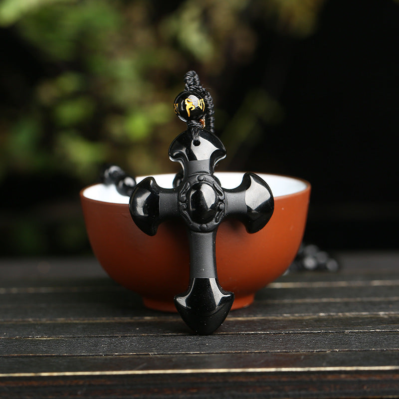 Colier din Piatra Naturala Obsidian Negru, Unisex, Pandantiv Cruce Scu