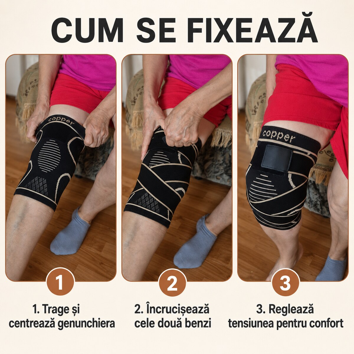 Cum se fixează genunchiera cu fir de cupru în trei pași