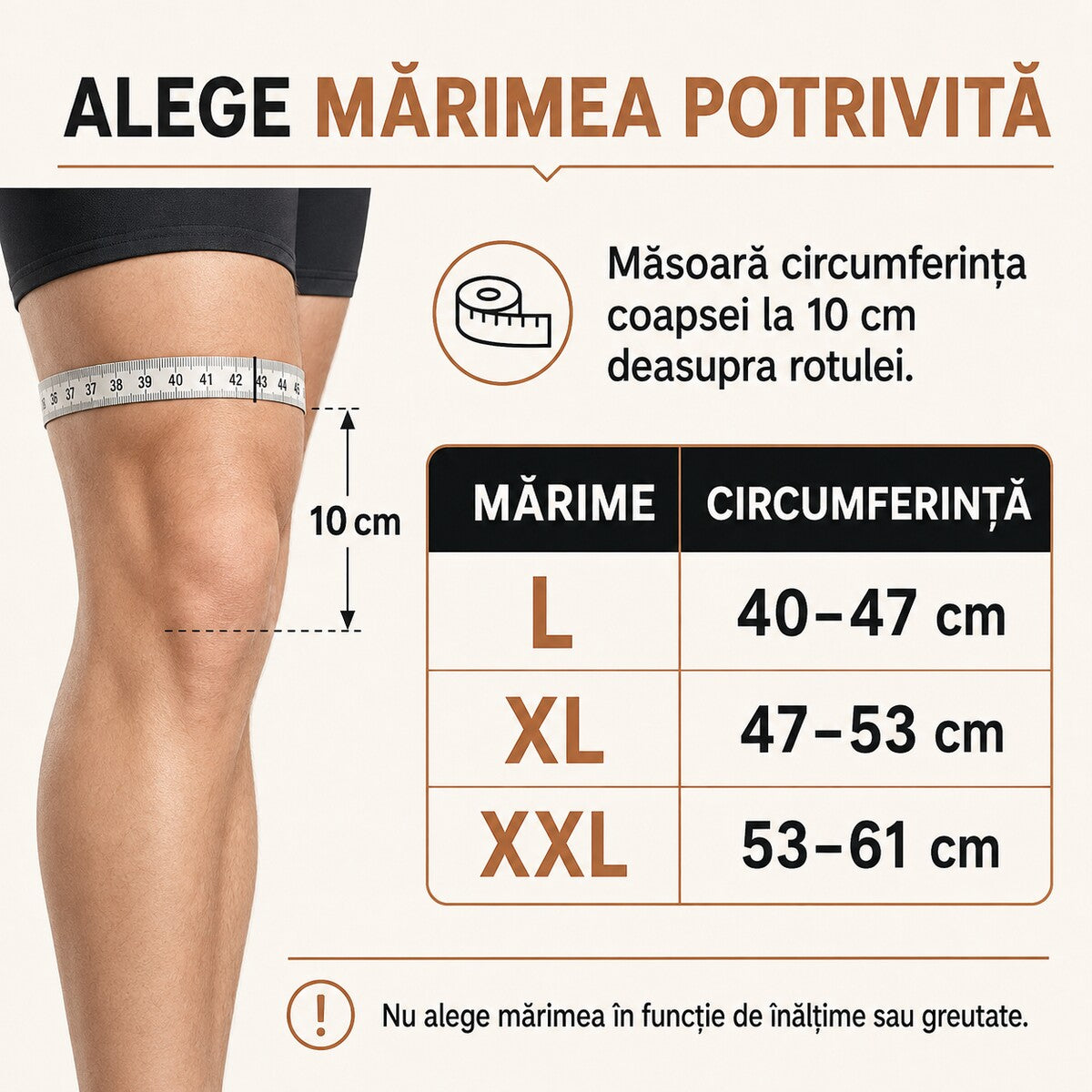 Ghid mărimi genunchieră L, XL și XXL, măsurare la 10 cm deasupra rotulei