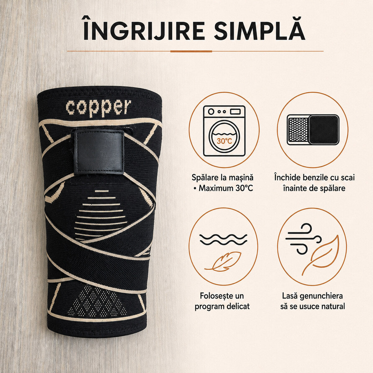 Instrucțiuni de spălare pentru genunchierele cu fir de cupru – maximum 30°C