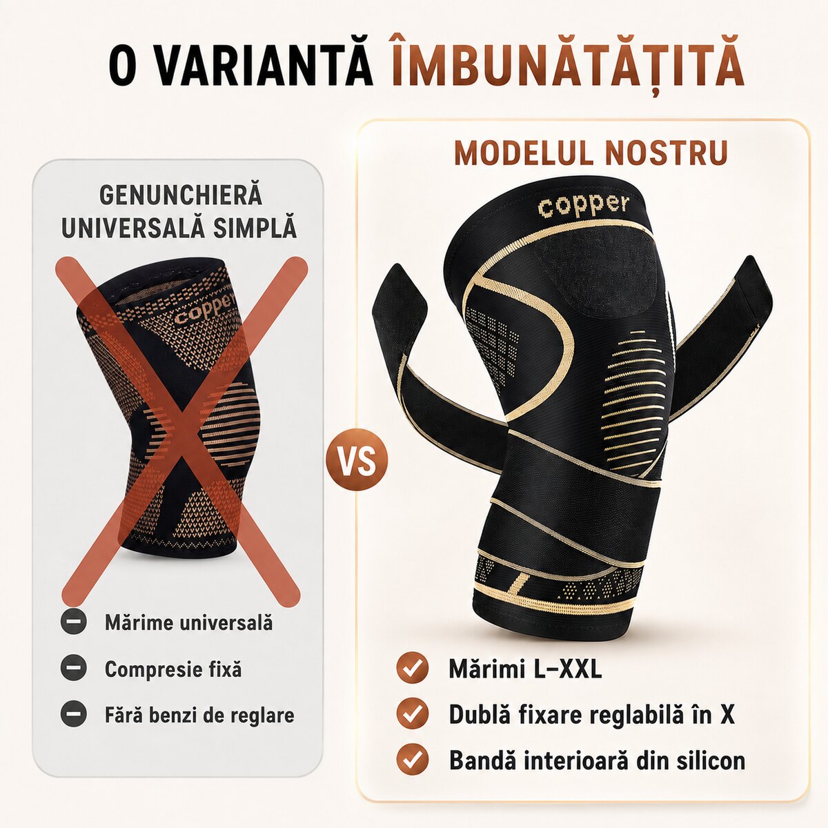 Comparație între o genunchieră universală simplă și genunchiera îmbunătățită cu fir de cupru