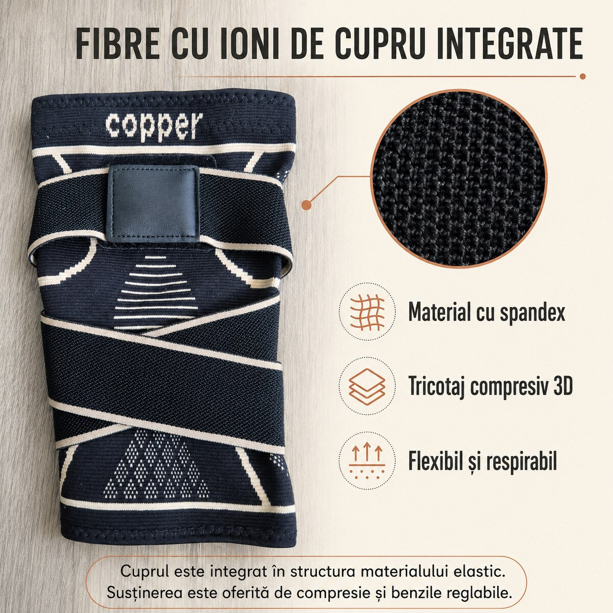 Material elastic cu spandex și fibre cu ioni de cupru integrate