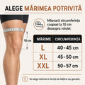 Ghid mărimi genunchieră: L 40–45 cm, XL 45–50 cm și XXL 50–57 cm, măsurate la 10 cm deasupra rotulei