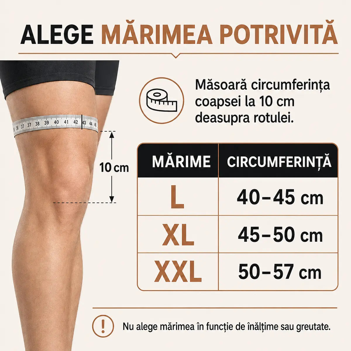 Ghid mărimi genunchieră: L 40–45 cm, XL 45–50 cm și XXL 50–57 cm, măsurate la 10 cm deasupra rotulei
