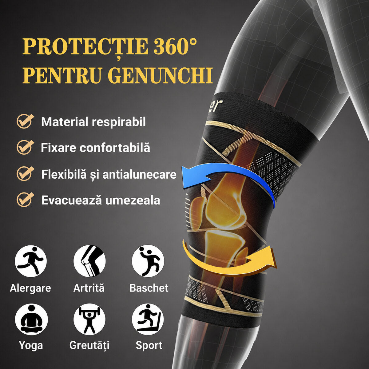 Două genunchiere cu fir de cupru – protecție 360°, material respirabil și fixare antialunecare