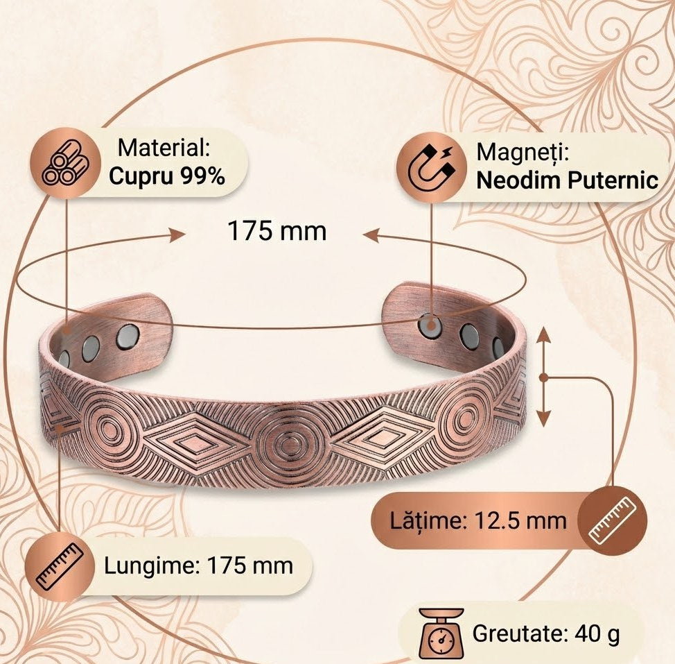 Brățară din cupru pur Helix, cu magneți neodim, reglabilă, design gravat geometric