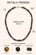 Colier Bărbați „Black Shadow” din Obsidian, Ochi de Tigru și Rocă Vulcanică — infografic cu dimensiuni și materiale.