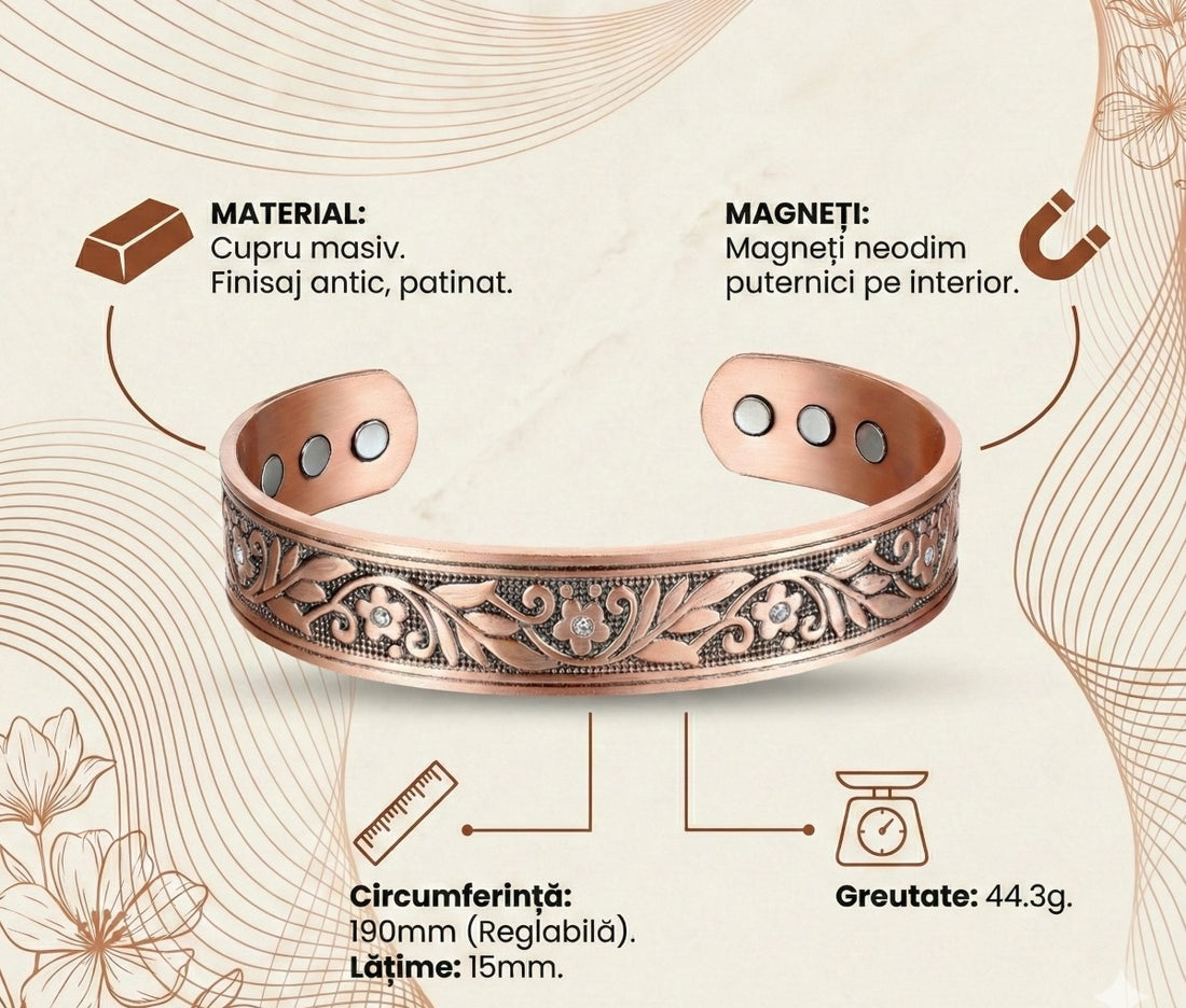 Brățară magnetică tip cuff din cupru masiv "Olimp", reglabilă, model floral gravat adânc cu aspect patinat vintage