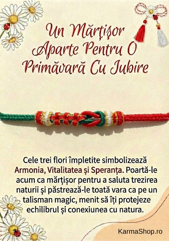 Mărțișor Brățară „Cele Trei Flori Nemuritoare” – Împletitură Manuală Roșu-Verde cu Accente Aurii