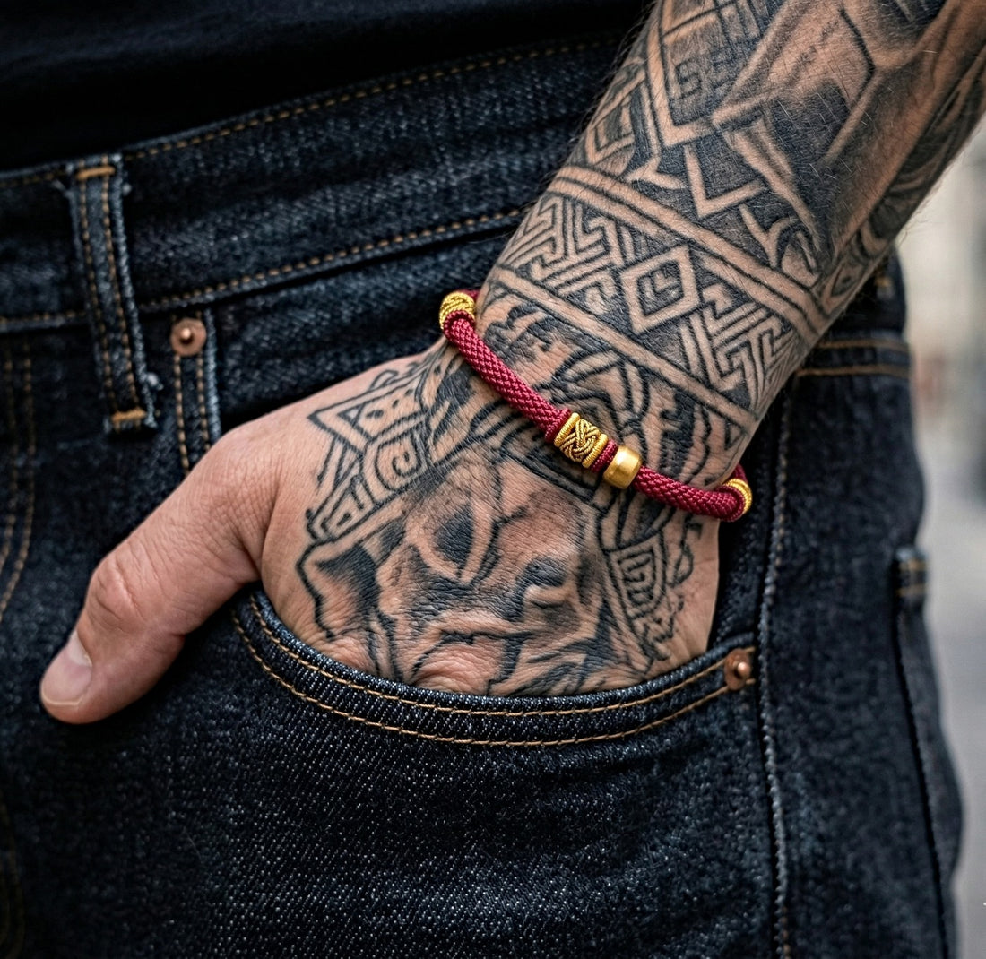 Brățară Tibetană Unisex „Nodul Infinit”, Șnur Împletit Manual, Roșu Burgundy cu Accente Aurii, Ajustabilă